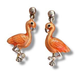 VTG MJ Earrings Flamingo Enamel Jewelry Designer Signed 70's